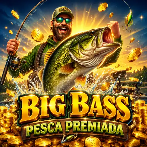 Arte do slot Big Bass Bonanza com pescador e peixes com valores de prêmio